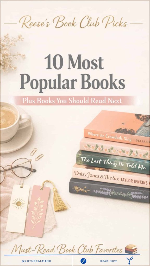 Reese Witherspoon Book Club List 10 Must Read Book Club Favorites books, bookmarkers, glasses, coffee, paper clips and flowers.