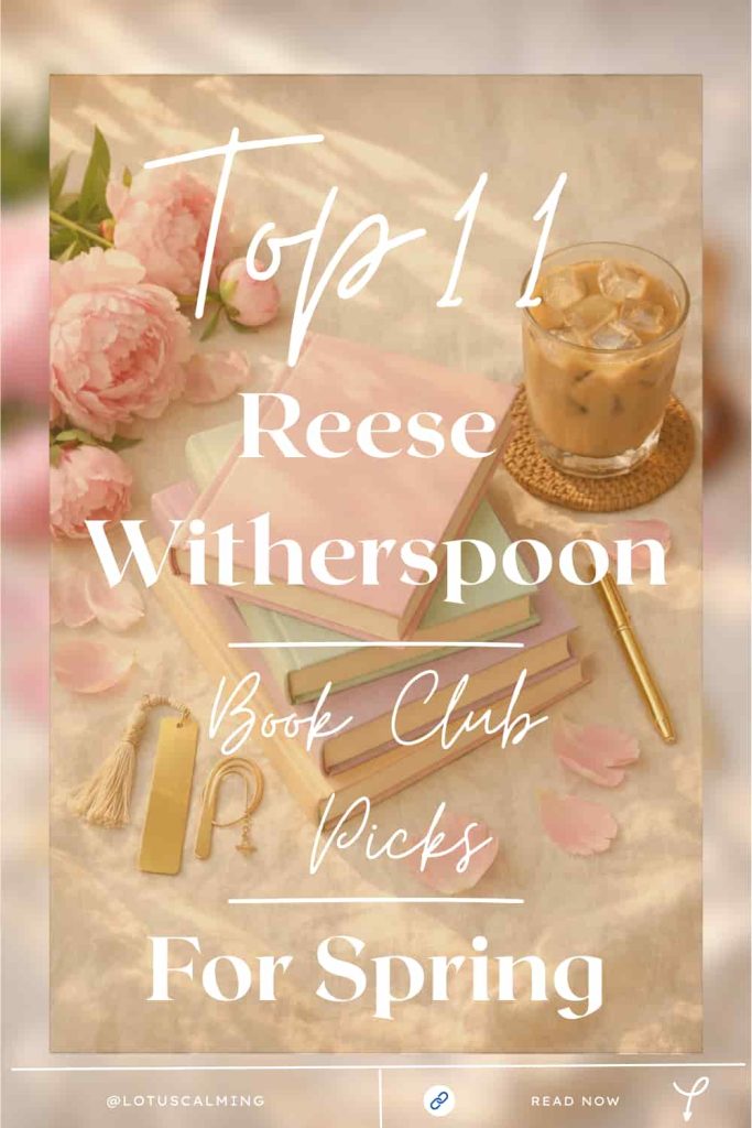 a stack of pastel-covered books , surrounded by pink peonies, a glass of iced coffee, and gold bookmarks.