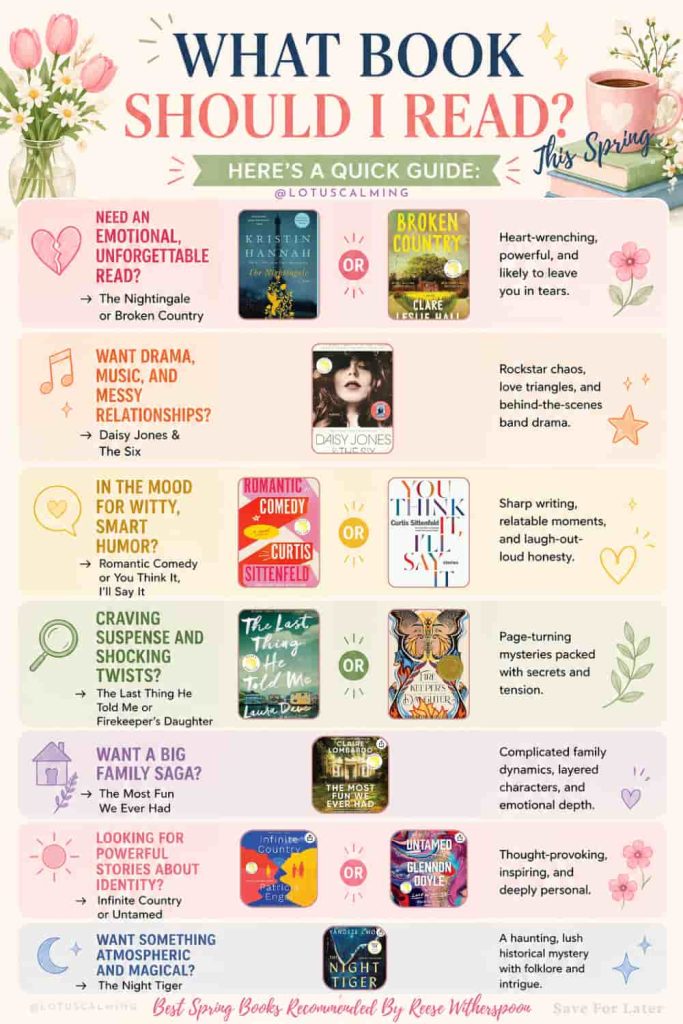 inforgraphic of best spring books recommended by Reese Witherspoon