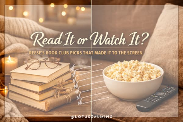 Split image with left side shows a stack of books , right side shows a bowl of popcorn and a remote on a couch.