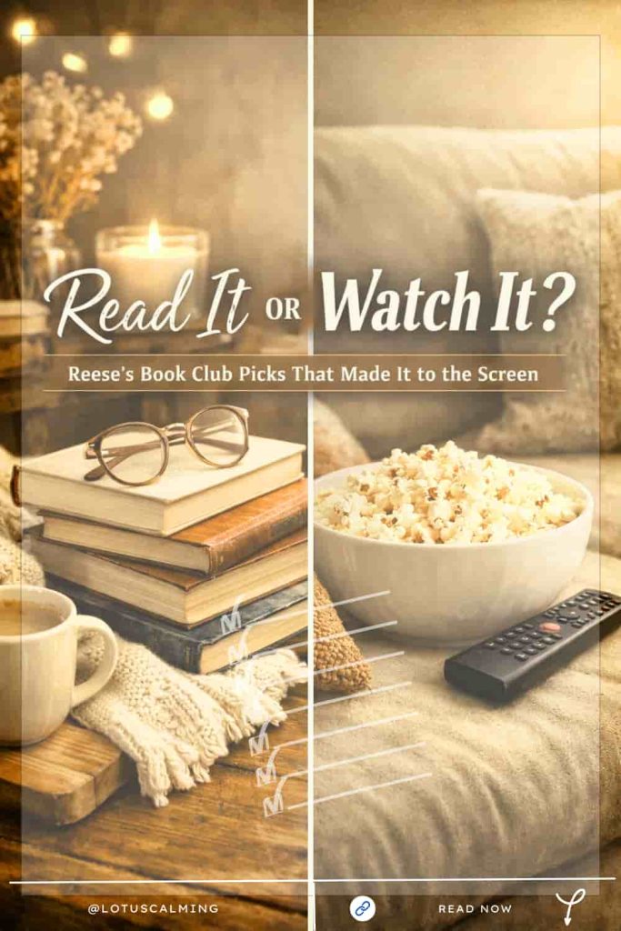 Split image with left side shows a stack of books, right side shows a bowl of popcorn and a remote on a couch.
